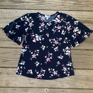 Charter Club Petite Large Blouse Blue with White Flowers Loose Flowy Sleeves